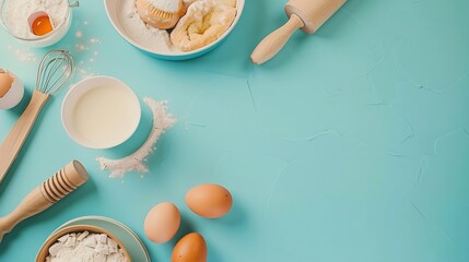 Empty space baking background with bakery ingredients  flour milk eggs rolling pin Simple pastry baking flat lay top view border : Generative AI