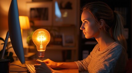 A woman sits in a dark room holding a light bulb, sharing a fun event online - obrazy, fototapety, plakaty