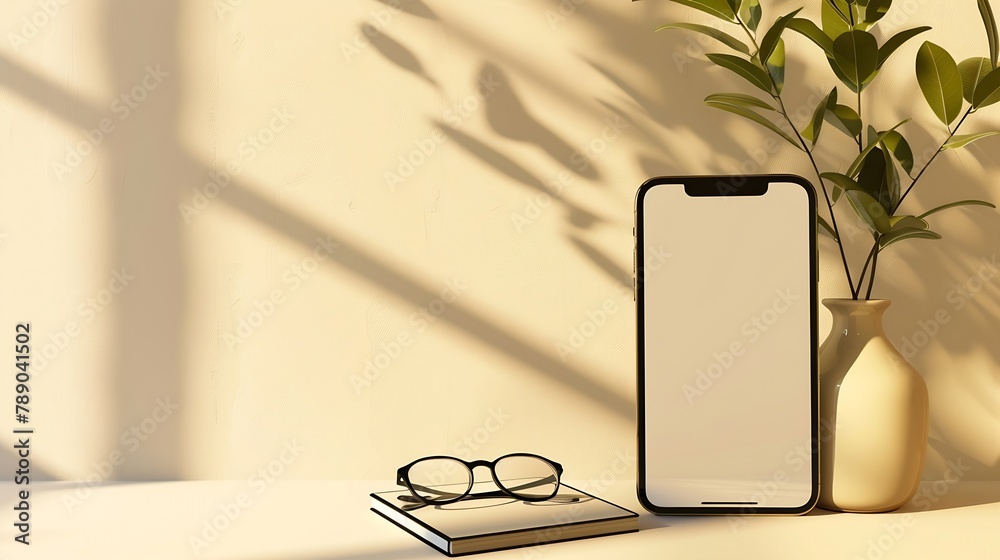 Aufkleber Mobile phone with empty screen mockup notebook glasses vase with foliage branch empty neutral beige background with aesthetic sunlight shadow Minimalist business brand social media blo : Generative AI