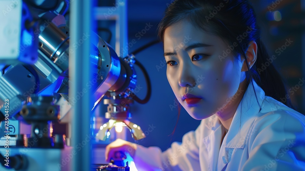 Poster Close Up Portrait of a Young Robotics Engineer Using Laptop Computer Analyzing Robotic Machine Concept in a High Tech Factory Female Scientist Manipulate and Program the Robot for Work : Generative AI