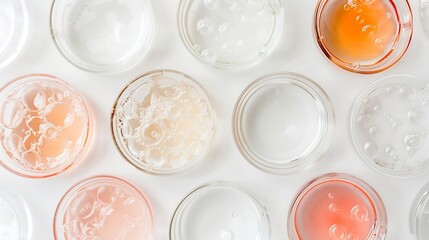 Petri dishes with cosmetic on white background Top view flat lay Concept skincare Dermatology science cosmetic laboratory Natural medicine cosmetic research organic skin care products : Generative AI