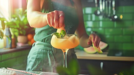 Woman preparing melon margarita cocktail with mint in glass on dark green ceramic tile background close up Summer autumn drinks and alcoholic cocktails Alcoholic cocktail or detox drin : Generative AI - obrazy, fototapety, plakaty