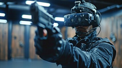 Indoor Firearms Training with Virtual Reality. - obrazy, fototapety, plakaty