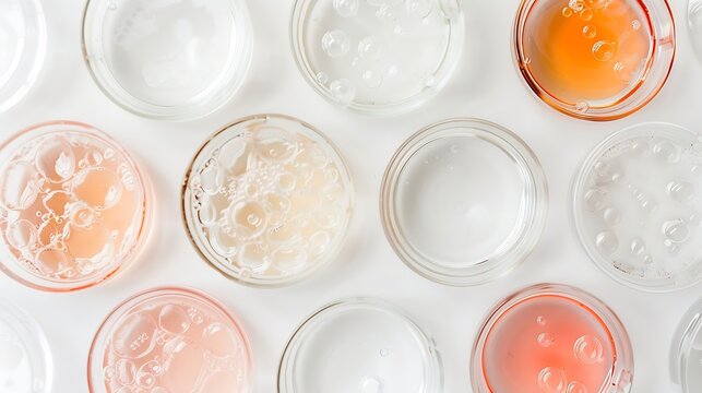 Petri dishes with cosmetic on white background Top view flat lay Concept skincare Dermatology science cosmetic laboratory Natural medicine cosmetic research organic skin care products : Generative AI