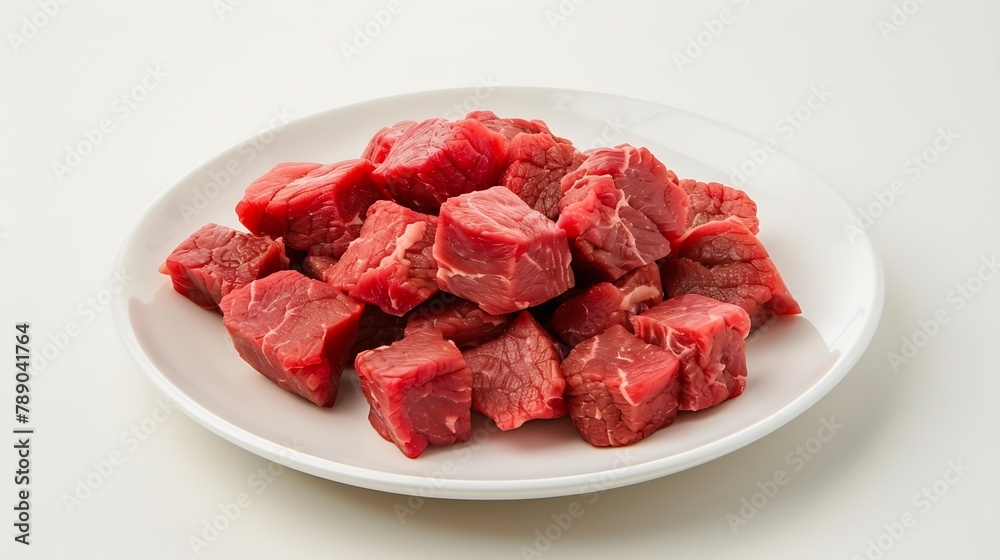 Poster the beef is cut into cubes and placed on a white plate isolated on white : generative ai