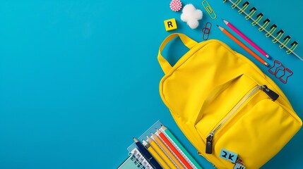 Back to school education concept Yellow backpack with school supplies  notebook pens eraser rainbow numbers isolated on blue background Top view Copy space Flat lay composition : Generative AI