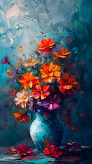a painting of a vase filled with colorful flowers on a table