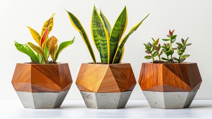Geometric wooden planters with colorful houseplants on white background