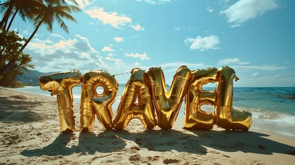gold foil balloons shaped text "TRAVEL" with sandy scenic beach with palm trees in the background