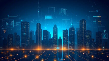 Internet speed Data communication connection network frame Modern industrial skyline city structure, city internet of things concepts wireless technology information system, abstract blue background.