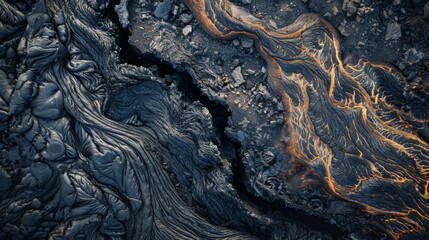 Abstract Aerial View of Textured Volcanic Landscape with Lava Flow Patterns