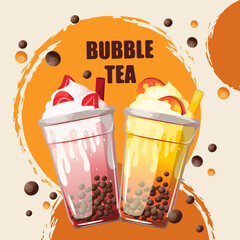 Bubble tea with tapioca in plastic cups. Background with bubble tea. Vector illustration.