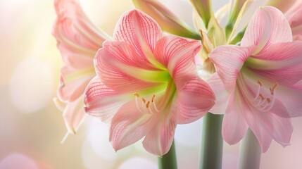 Closeup macro soft focus on petal pink Amaryllis flowers tropical forest plant blossom pastel backgroundnature spring flora desktop wallpaperbeauty or cosmetic banner poster website co : Generative AI
