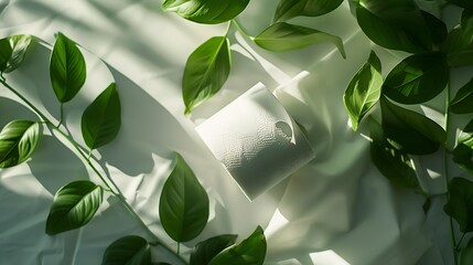 A roll of toilet paper with green leaves  flat lay : Generative AI