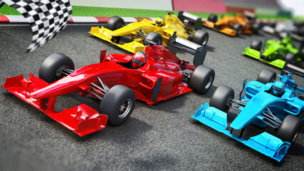Racing cars on the track with waving checkered flag. 3D illustration - 789041965