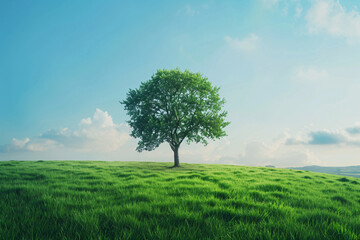 Single tree on a lush field under a clear blue sky