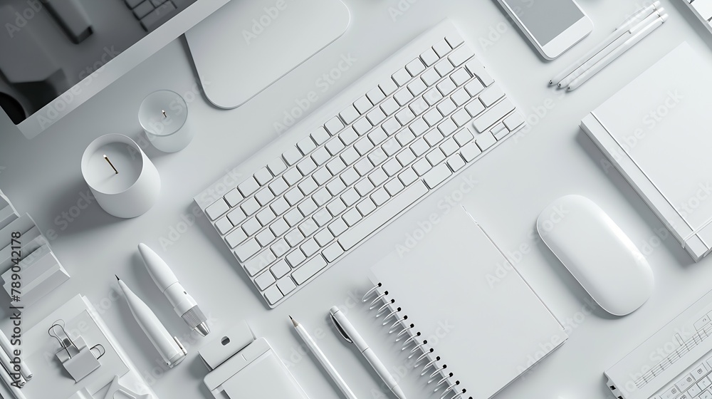 Fototapete Top view white office desk table with blank notebook computer keyboard and other office supplies with copy space flat lay : Generative AI