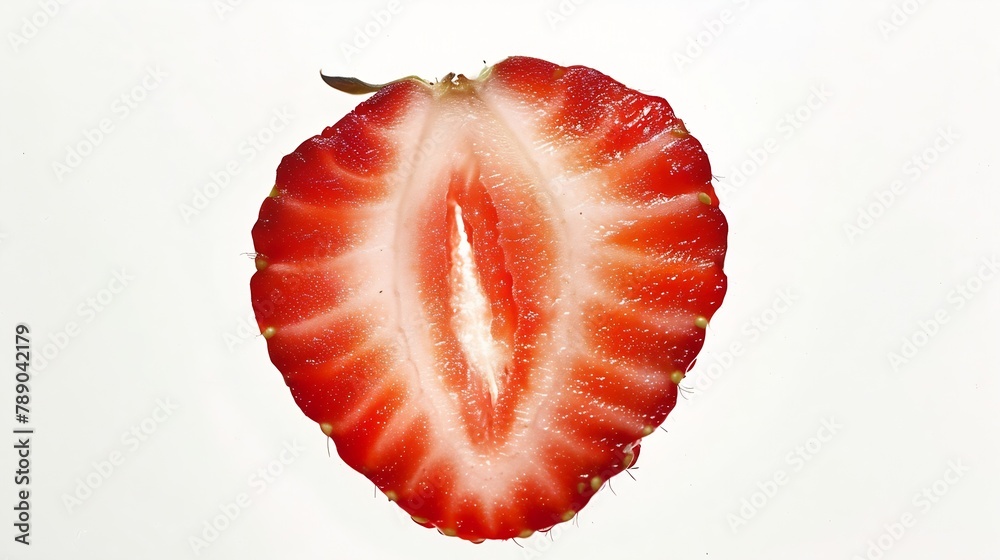 Aufkleber Top view of fresh red strawberries slice isolated on white background Summer berries textured background Flat lay Macro shot of strawberry cut in a half : Generative AI