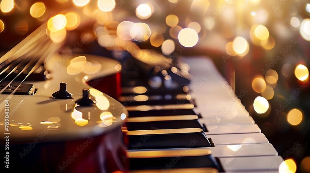 Poster Guitar and piano keys closeup on a blurred background with bokeh : Generative AI