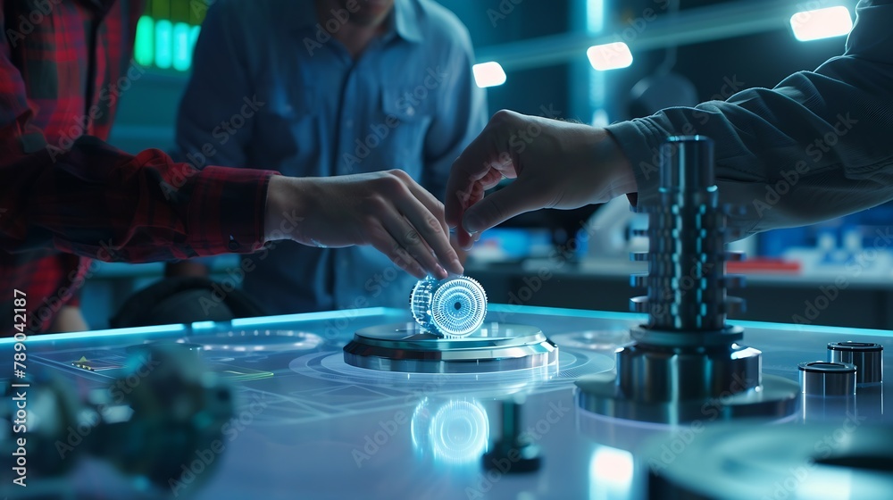Poster Engineer Scientists and Developers Gathered Around Illuminated Conference Table in Technology Research Center Talking Finding Solution and Analysing Industrial Engine Design Closeup Ha : Generative AI