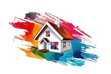 House painting logo. Isolated house and painting materials brush stroke illustration .
