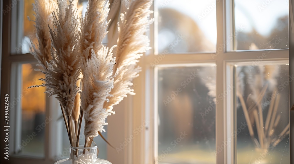 Poster dried natural pampas grass in a vase on the window interior decor element close up view soft selecti