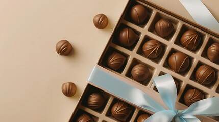 Open box of delicious chocolate candies and light blue ribbon on beige background flat lay :...