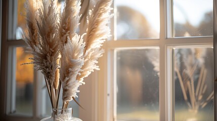Dried natural pampas grass in a vase on the window Interior decor element Close up view Soft...