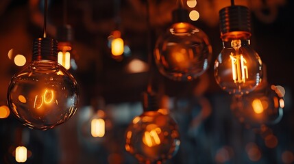 Classic sphere lighting bulbs are glowing in orange warming shade there are hanging from ceiling in dark environment Interior cozy style decoration Closeup and selective focus : Generative AI