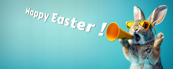 Happy Easter, A rabbit holding a horn, wear yellow sunglass, blue background