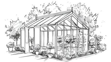 Sketch of beautiful glasshouse building surrounded by