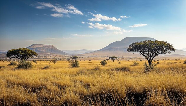 African Savanna Panorama with Wild Grasses and Mountains on the Horizon. Nature Photography Background.