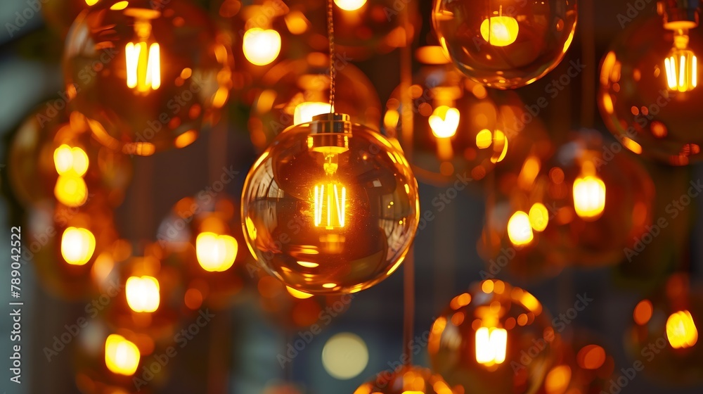 Poster classic sphere lighting bulbs are glowing in orange warming shade there are hanging from ceiling in 