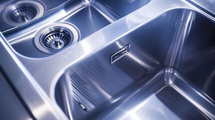 close up of modern stylish stainless steel kitchen sink : Generative AI - obrazy, fototapety, plakaty