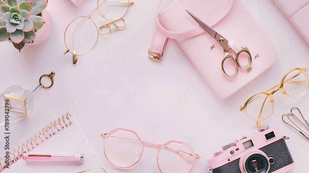 Poster feminine desk workspace with succulent retro camera scissors diary glasses and golden clips on white background flat lay top view : Generative AI