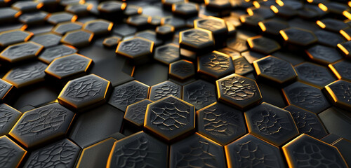 3D dark gold honeycomb on a black background evokes stylish natural structure. - obrazy, fototapety, plakaty