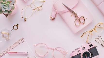 feminine desk workspace with succulent retro camera scissors diary glasses and golden clips on white background flat lay top view : Generative AI