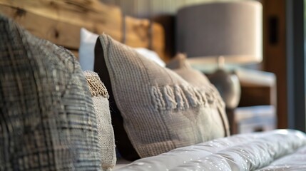Obraz na płótnie Canvas Rustic bedroom interior design with pillows on bed and decorative wood bed closeup : Generative AI