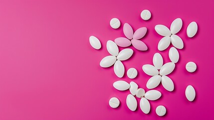 Fototapeta na wymiar Flat lay image of pills in the shape of a flower on magenta pink background : Generative AI