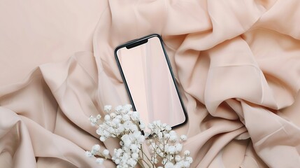 Flatlay of blank screen mobile phone linen cloth on neutral beige background Aesthetic home office desk workspace Lady girl boss business work blog template with mockup space Flat lay  : Generative AI