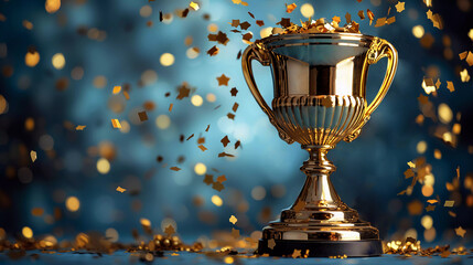 golden trophy is in front of blue background, with golden ribbon dancing in the air. The championship trophy, the Olympics