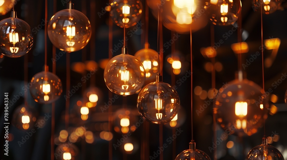 Aufkleber classic sphere lighting bulbs are glowing in orange warming shade there are hanging from ceiling in 