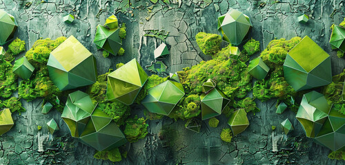 Calm, textured design with irregular moss and apple polygons for natural look. - obrazy, fototapety, plakaty