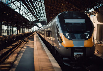 Naklejka premium speed high train Modern railway transportation transport travel railroad motion fast station movement locomotive passenger move vehicle perspective rapid technology public commute journey electric