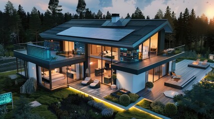 Illustration of a smart home with digital interface and solar panels at dusk.