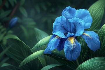 Iris  A striking blue iris on a dark green leafy background  water color, cartoon, animation 3D, vibrant