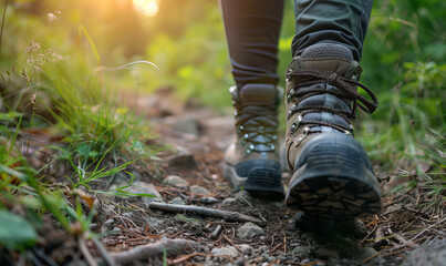 A close up of the hiking boots in the forest. Mountain Tourism.