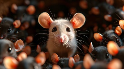A rodent standing in a group of mice, facing the camera - obrazy, fototapety, plakaty