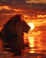 Lion  A majestic lion against a deep sunset orange background  water color, cartoon, animation 3D, vibrant - obrazy, fototapety, plakaty