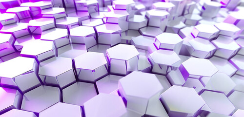 Vivid violet hexagons connect on a white 3D structure, exuding tech elegance.